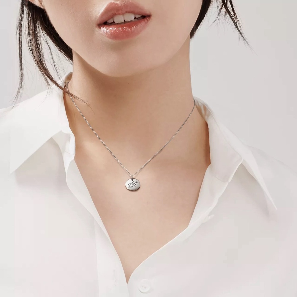 Tiffany and Co. Letter “R” Initial Circle Disc/ Sterling Silver Necklace 16"